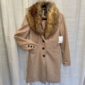Camel Wool Blend Coat with detachable Faux Fur Collar - small